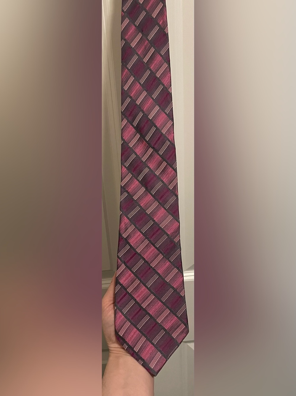 Stafford Men's Silk Necktie Burgundy Pink Geometric Blocks Stripe Formal Tie